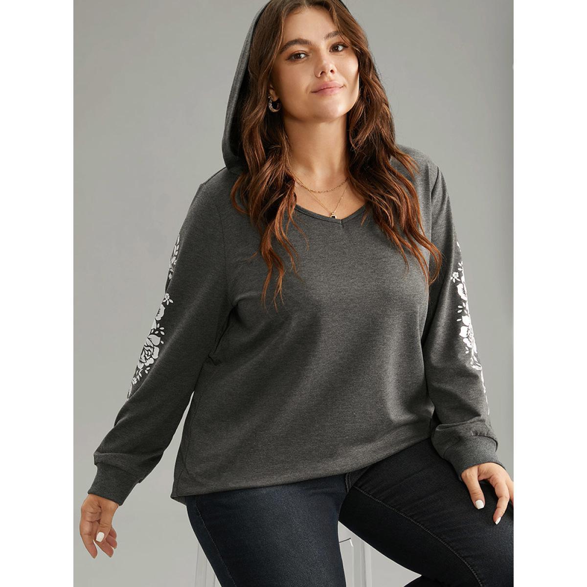 Plus Size Floral Print Hooded Rib Knit Sweatshirt Women DimGray Elegant Printed Hooded Dailywear Sweatshirts BloomChic 18-20/2X Product Image