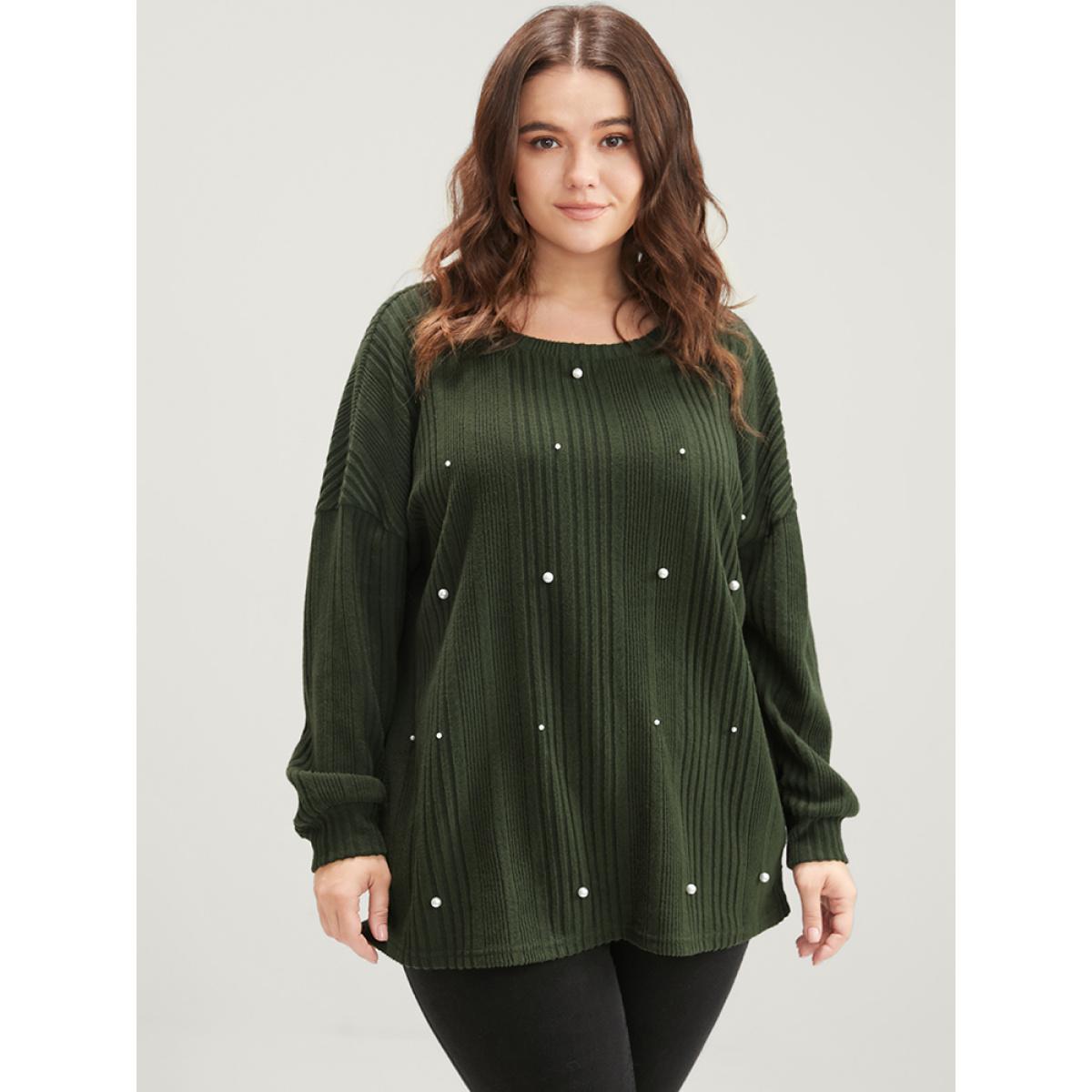 Plus Size Solid Round Neck Pearls Beaded Rib Knit Sweatshirt Women DarkGreen Casual Beaded Round Neck Dailywear Sweatshirts BloomChic 22-24/3X Product Image