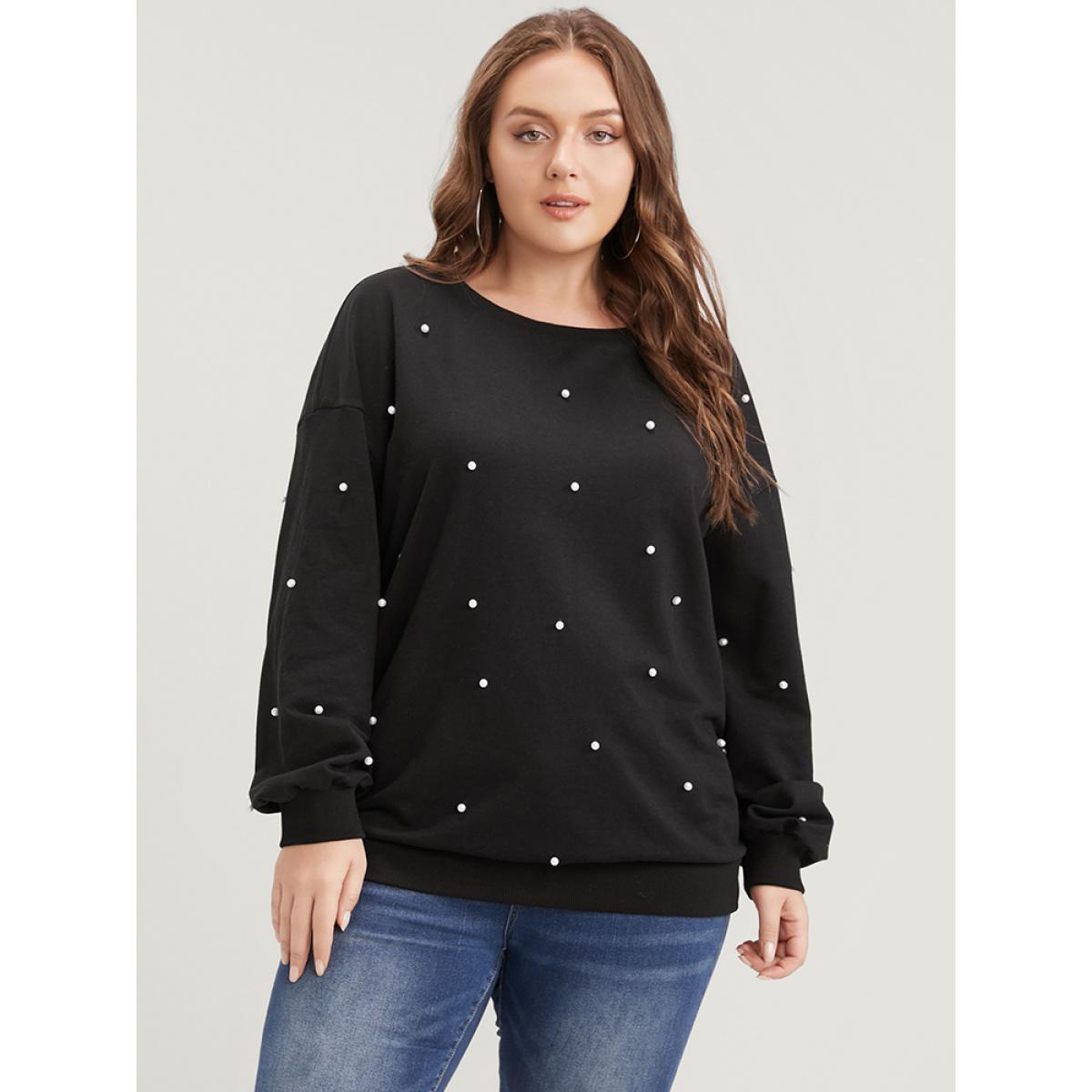 Plus Size Solid Pearl Beaded Drop Shoulder Sweatshirt Women Black Party Beaded Round Neck Going out Sweatshirts BloomChic 22-24/3X Product Image