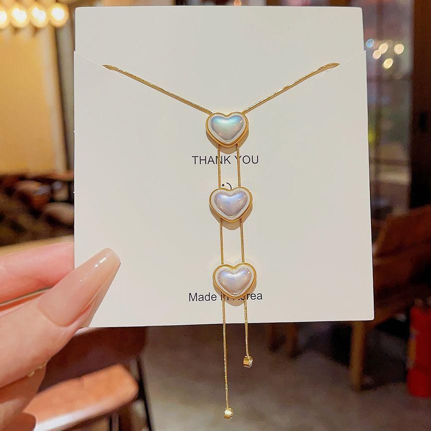 CZ Heart Faux Pearl Lariat Necklace Product Image
