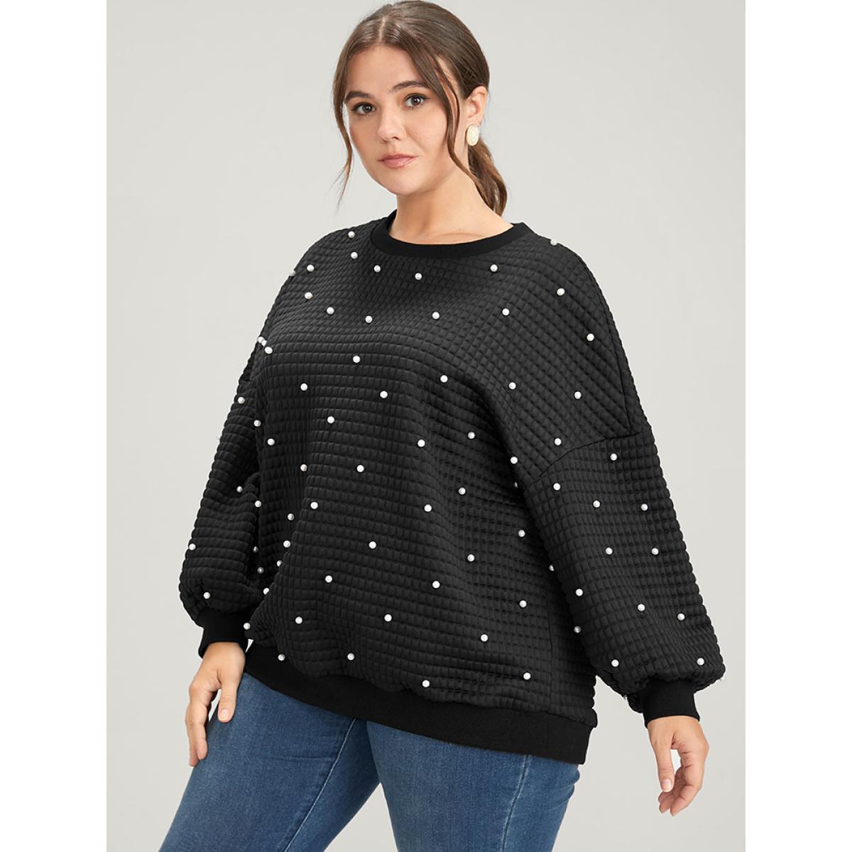 Plus Size Solid Texture Pearls Beaded Sweatshirt Women Black Party Beaded Round Neck Going out Sweatshirts BloomChic 28/5X Product Image