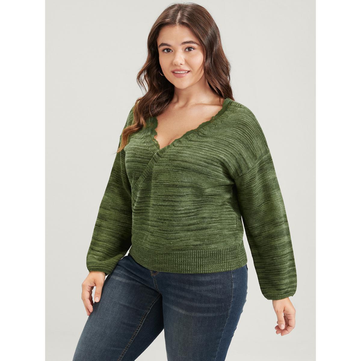 Plus Size Marled Knit Button Lace Trim Wrap Knit Top Moss Women Elegant Long Sleeve Dailywear Pullovers BloomChic 28/5X Product Image