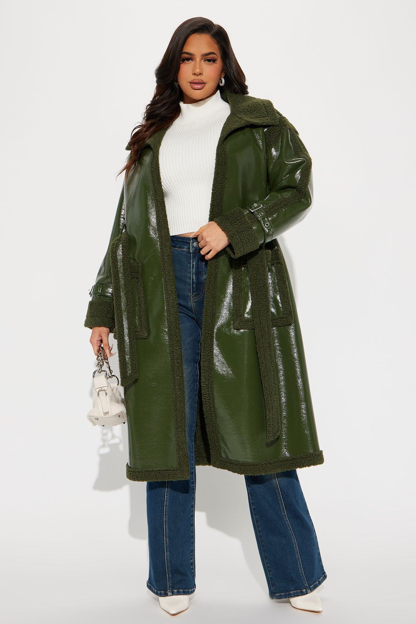 Bad Ideas Shearling Trench Coat - Olive Product Image