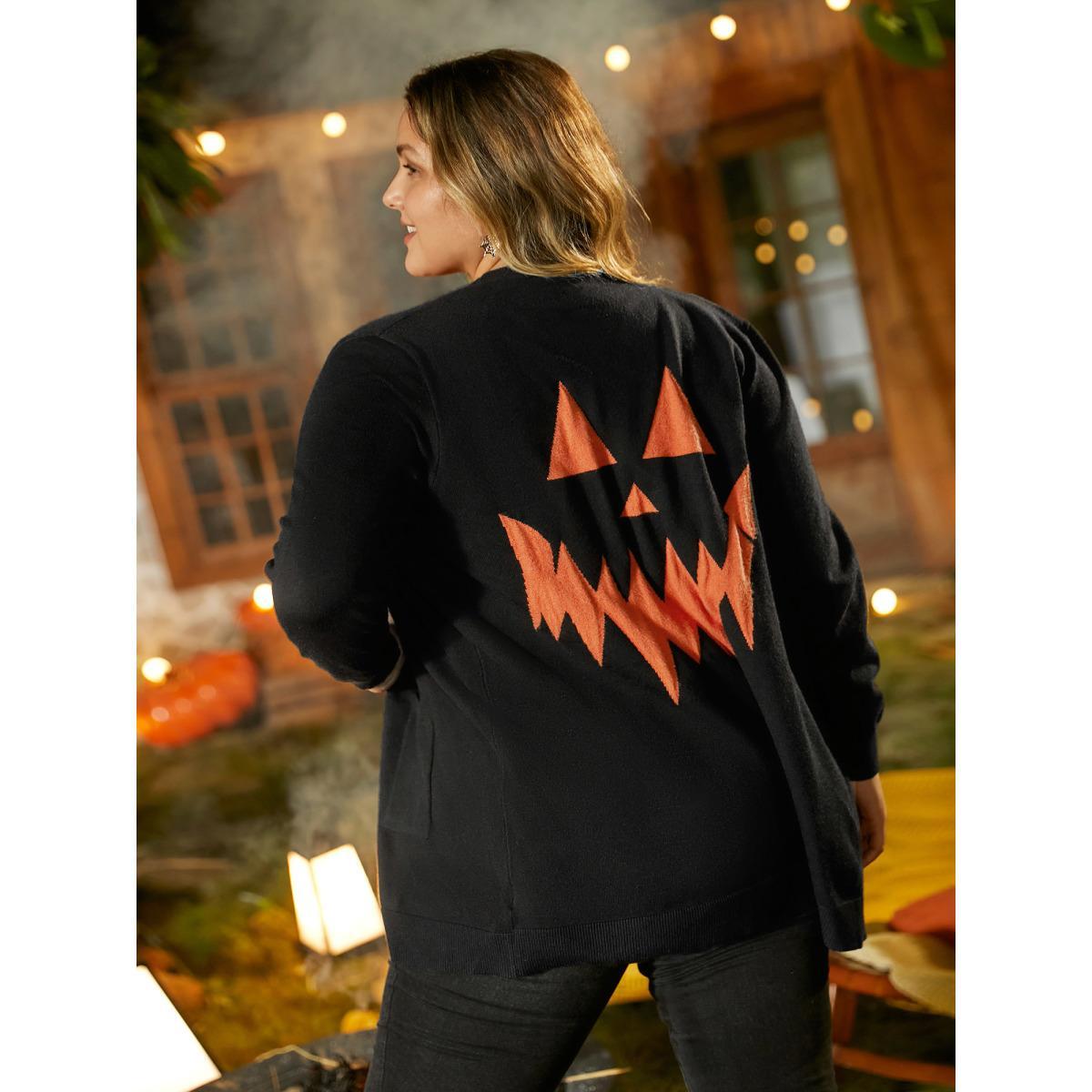 Plus Size Supersoft Essentials Jack-o-Lantern Jacquard Back Printed Cardigan Black Women Casual Loose Long Sleeve Everyday Cardigans BloomChic 10/M Product Image