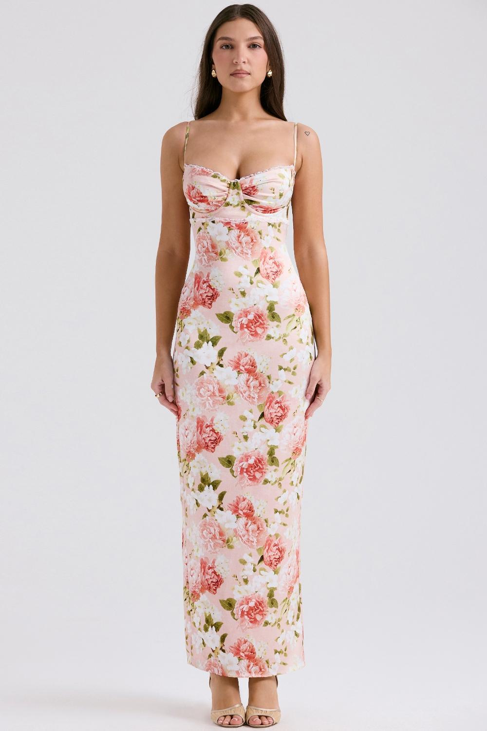 Josefina Pink Peony Print Satin Maxi Dress Product Image