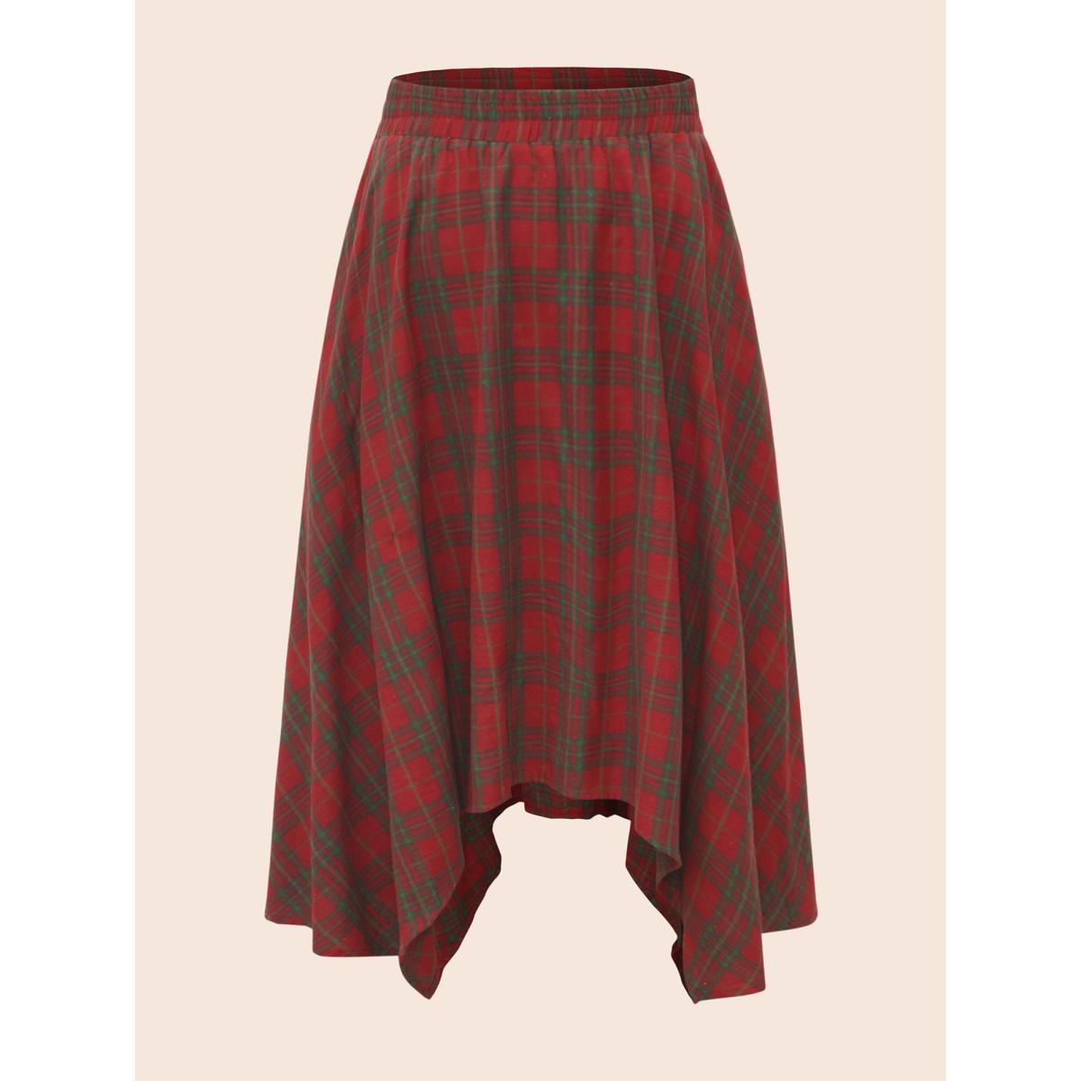 Plus Size Plaid Pattern Asymmetrical Hemline Midi Skirt Women Crimson Elegant Asymmetrical Loose No stretch Slanted pocket Everyday Skirts BloomChic 18-20/2X Product Image