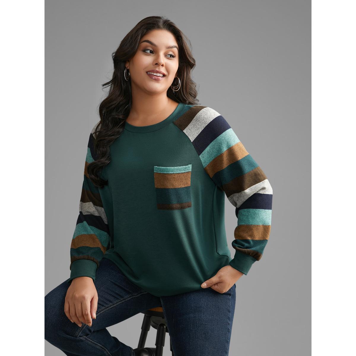 Plus Size Contrast Patched Pocket Raglan Sleeve Sweatshirt Women Cyan Casual Contrast Round Neck Everyday Sweatshirts BloomChic 30/6X Product Image