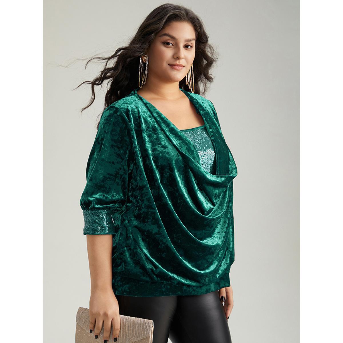Plus Size Emerald Cowl Neck 2-In-1 Sequin Patchwork Blouse Women Cocktail Elbow-length sleeve Cowl Neck Party Blouses BloomChic 18-20/2X Product Image