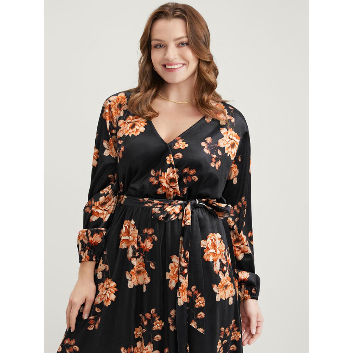 Plus Size Floral Lantern Sleeve Belted Surplice Neck Velvet Maxi Dress Black Women Elegant Cross straps V-neck Long Sleeve Curvy Long Dress BloomChic 18-20/2X Product Image