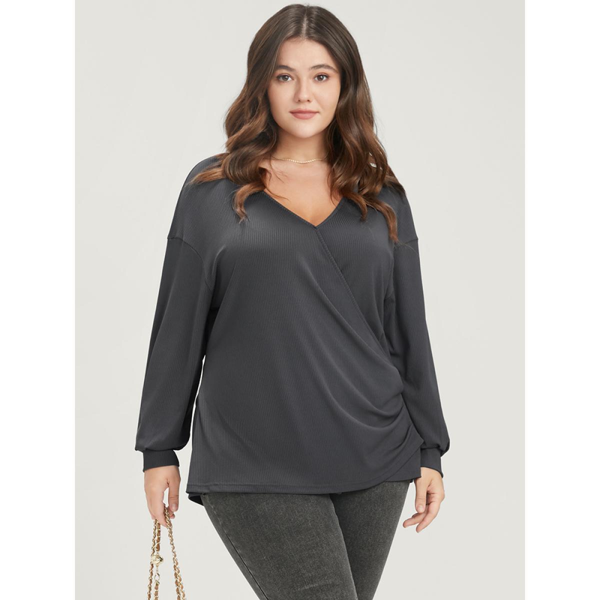 Plus Size Solid Wrap Rib Knit Sweatshirt Women DimGray Elegant Wrap Loose V-neck Dailywear Sweatshirts BloomChic 26/4X Product Image