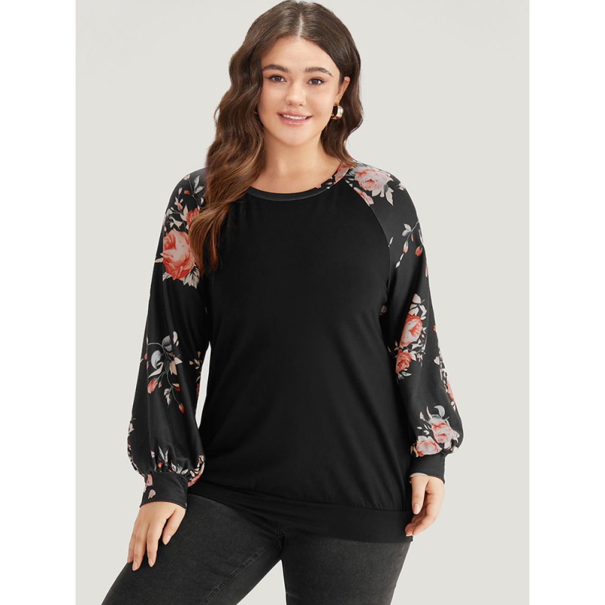Plus Size Floral Print Raglan Sleeve Patchwork Sweatshirt Women DarkBlue Elegant Printed Round Neck Everyday Sweatshirts BloomChic 10/M Product Image