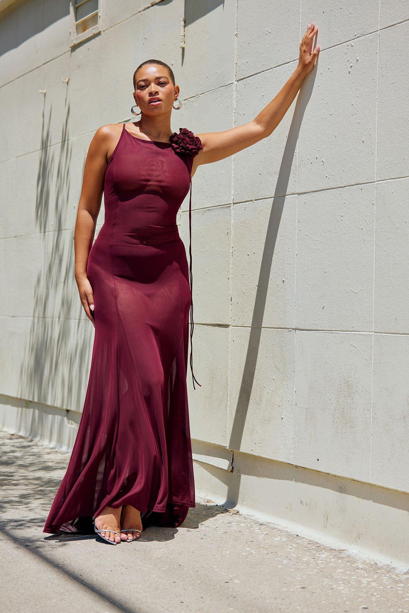 Sheer Goddess Mesh Maxi Dress - Burgundy Female Product Image