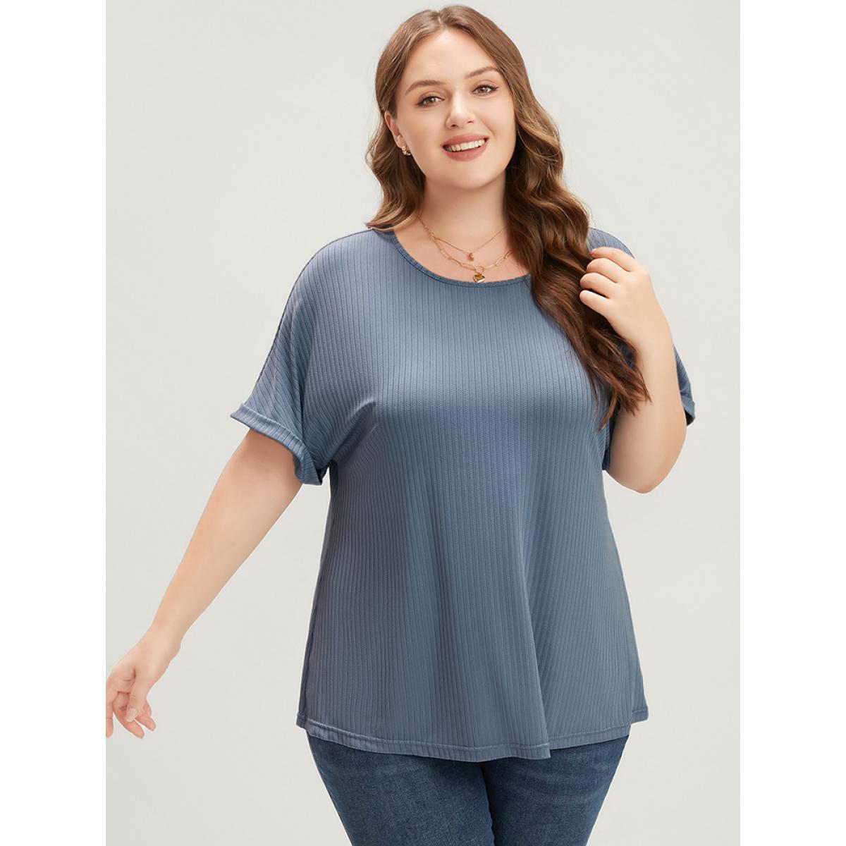 Plus Size Plain Round Neck Rib Knit Tee LightBlue Women Casual Plain Round Neck Dailywear T-shirts BloomChic 14-16/1X Product Image