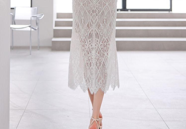 Spaghetti Strap Lace Midi Sheath Dress Product Image