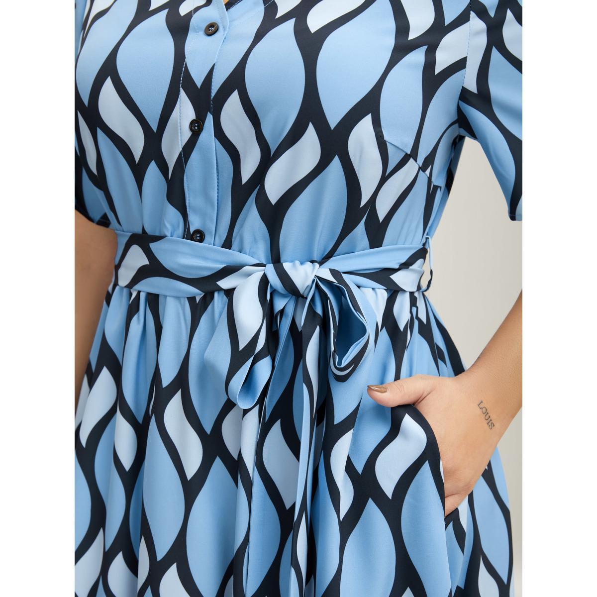 Plus Size Geometric Pattern Stretchy Waist Belted Midi Dress Multicolor Women Non Short sleeve Curvy BloomChic 28/5X Product Image