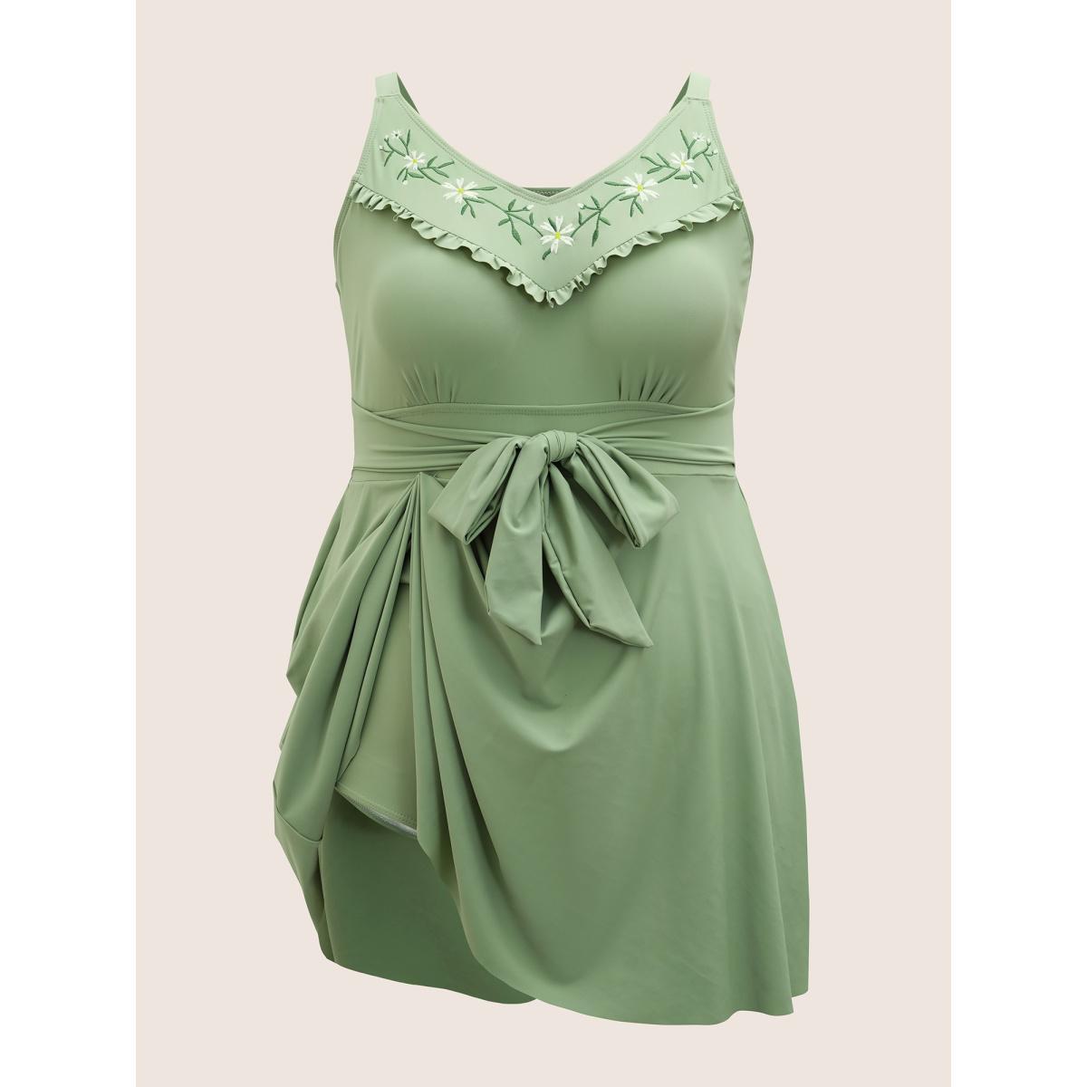Plus Size Floral Embroidered Frill Trim Tie knot Swim Dress Women's Swimwear Palemauve Beach Bodycon Heart neckline High stretch Curve Swim Dresses BloomChic 30/6X Product Image