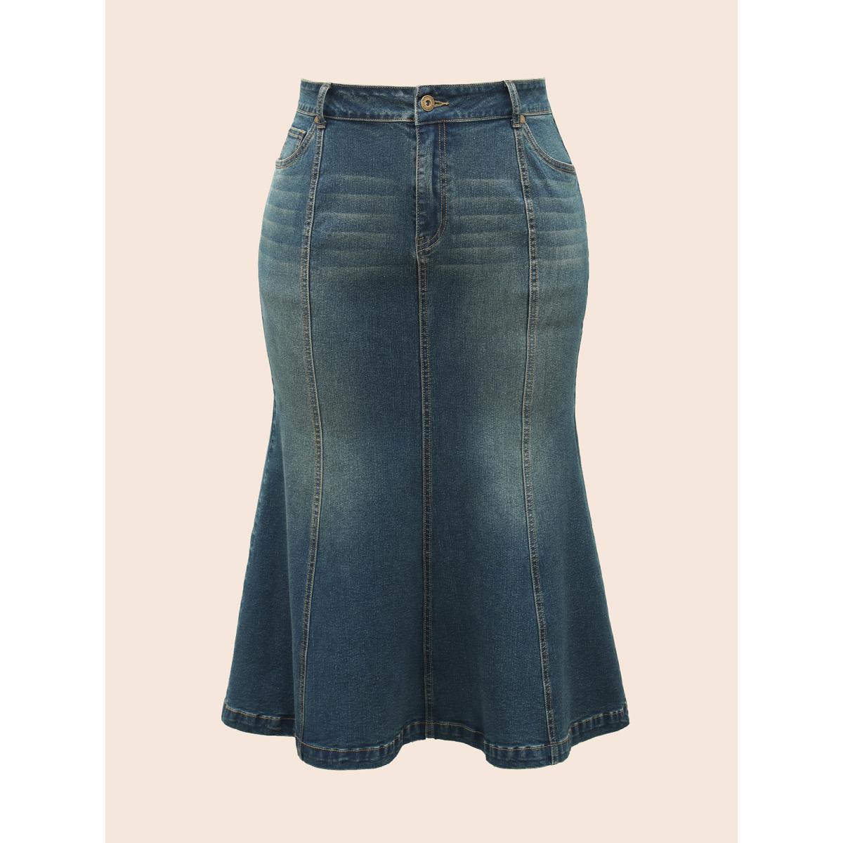 Plus Size Stretch Denim Mermaid Cut Skirt Women Bluevintage Everyday Button Medium stretch Medium Wash 24/3X Casual Denim Skirts BloomChic Product Image