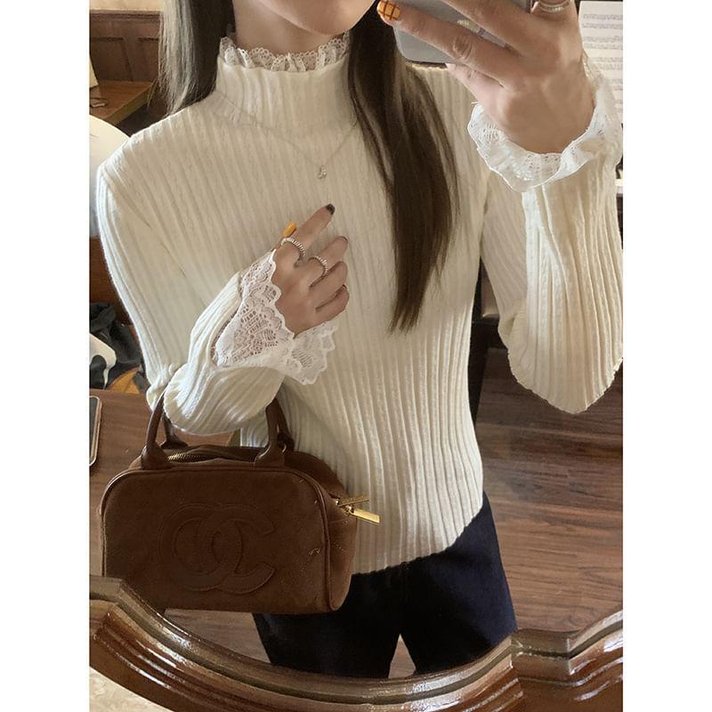 Mock Neck Plain Lace Trim Ribbed Sweater Product Image
