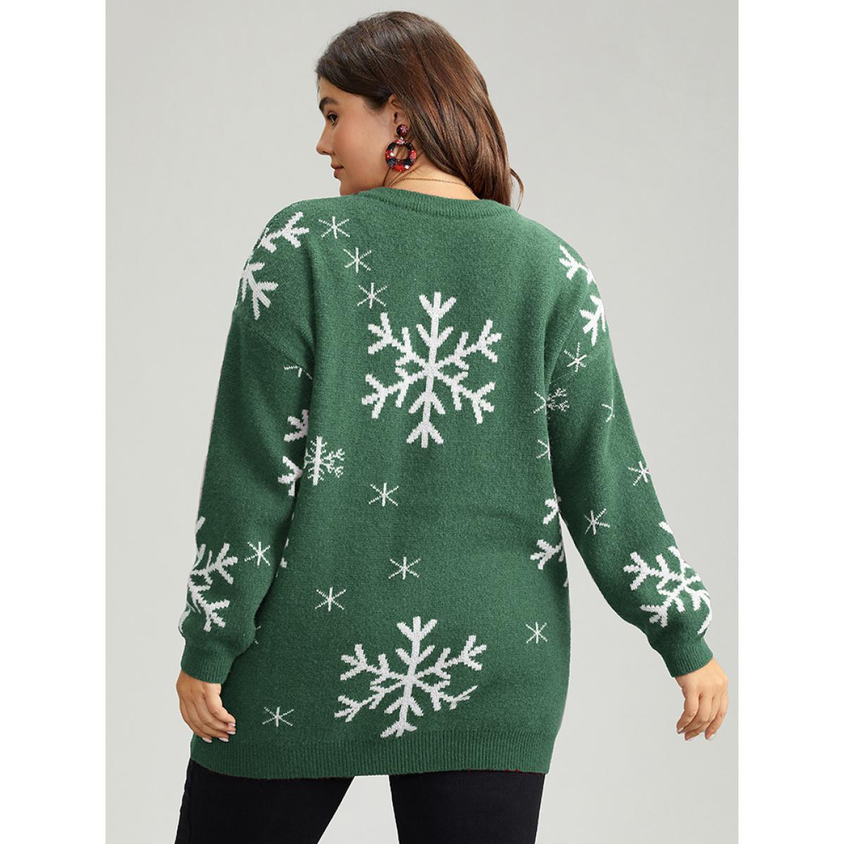 Plus Size Anti-Pilling Snowflake Print Pullover Green Women Casual Loose Long Sleeve V-neck Dailywear Pullovers BloomChic 10/M Product Image