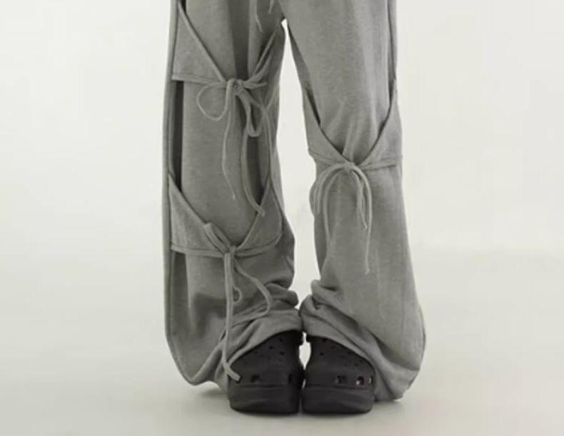Drawstring Waist Plain Lace-Up Wide Leg Pants Product Image