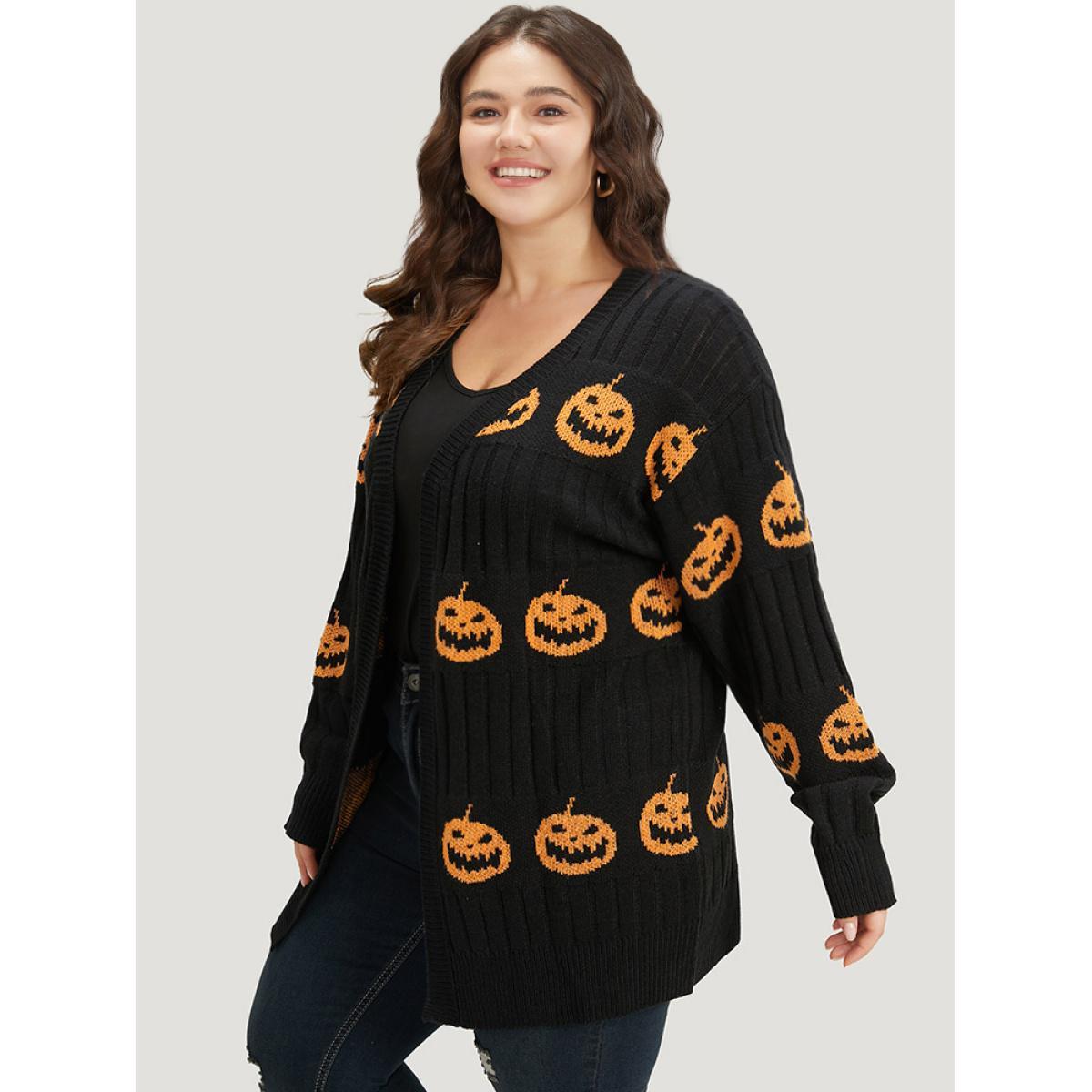 Plus Size Halloween Pumpkin Graphic Open Front Cardigan Black Women Casual Loose Long Sleeve Festival-Halloween Cardigans BloomChic 10/M Product Image