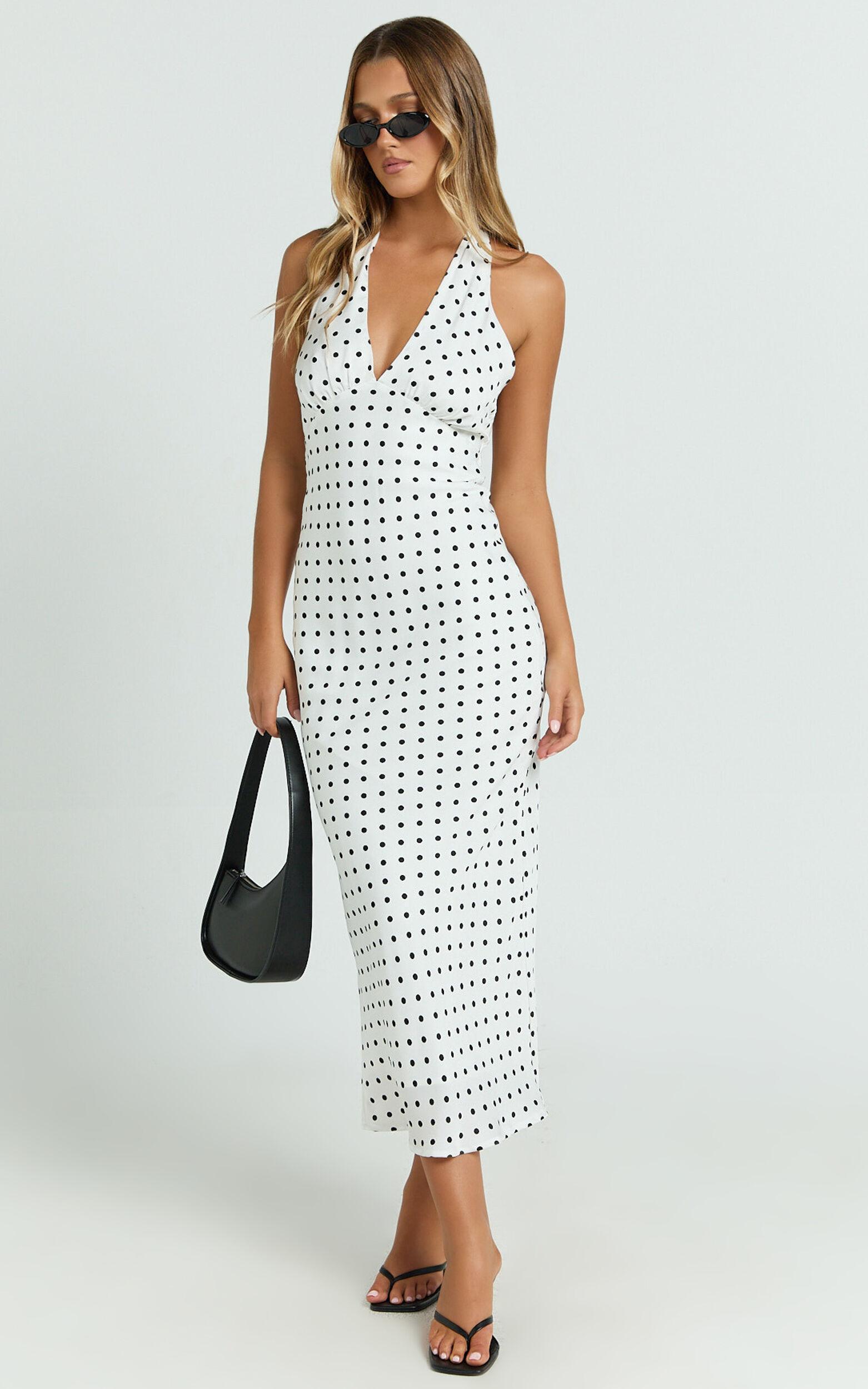Grayson Midi Dress - Tie Halter Neck Slip Dress in White / Black Product Image