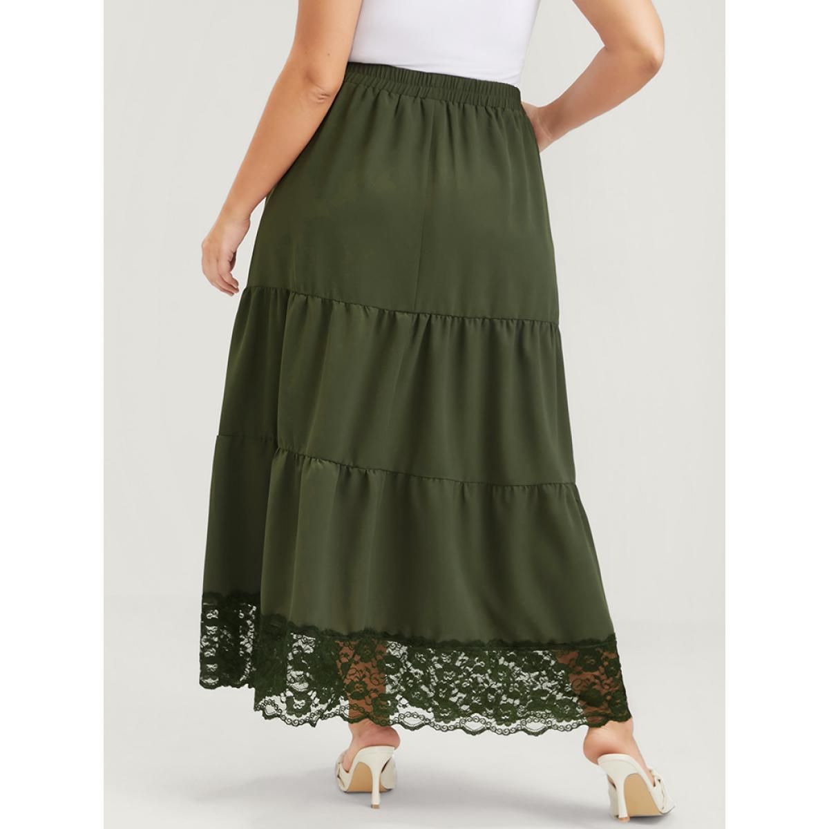 Plus Size Solid Pocket Lace Trim Ruffle Hem Skirt Women ArmyGreen Elegant Patchwork Low stretch Pocket Dailywear Skirts BloomChic 22-24/3X Product Image