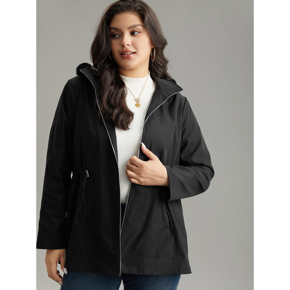 Plus Size Plain Zipper Hooded Pocket Drawstring Coat Women Black Casual Plain Ladies Dailywear Winter Coats BloomChic 26/4X Product Image