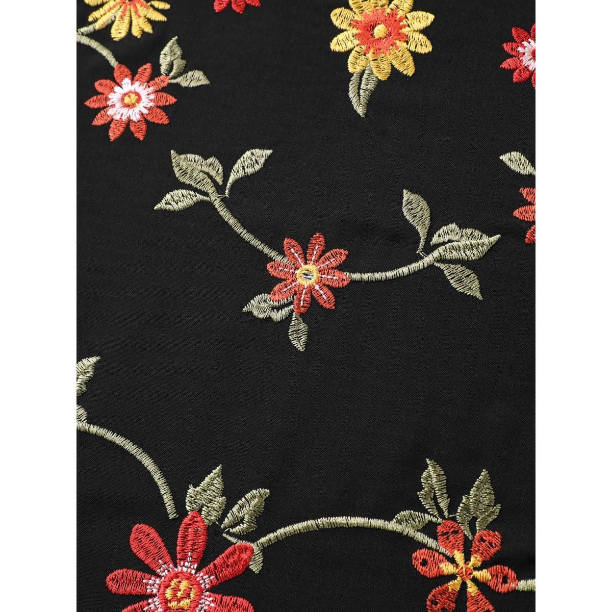 Plus Size Floral Embroidered Waist-Cinched Midi Dress Black Women Round Neck Short sleeve Curvy BloomChic 12/L Product Image