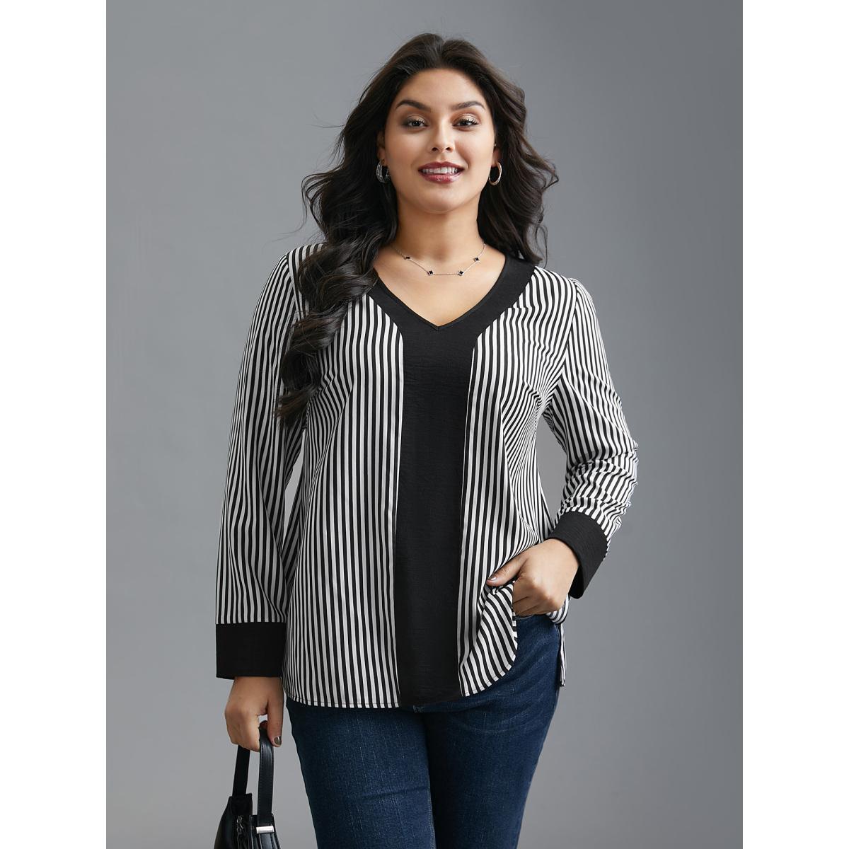 Plus Size Black V Neck Striped Patchwork Blouse Women At the Office Extra Long Sleeve V-neck Work Blouses BloomChic 22-24/3X Product Image