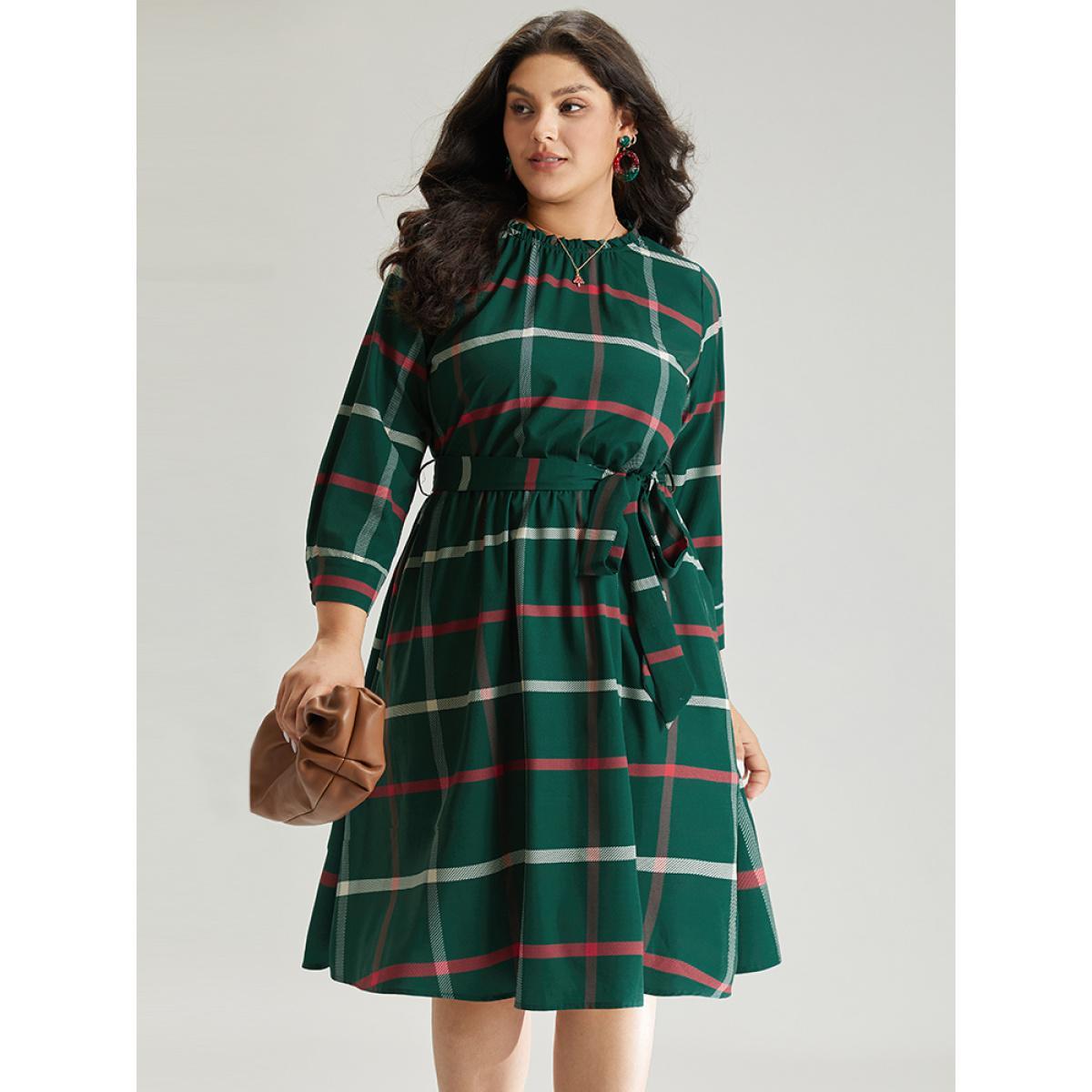 Plus Size Plaid Stand Collar Gathered Belted Dress Multicolor Women Office Printed Stand-up collar Elbow-length sleeve Curvy Midi Dress BloomChic 14-16/1X Product Image
