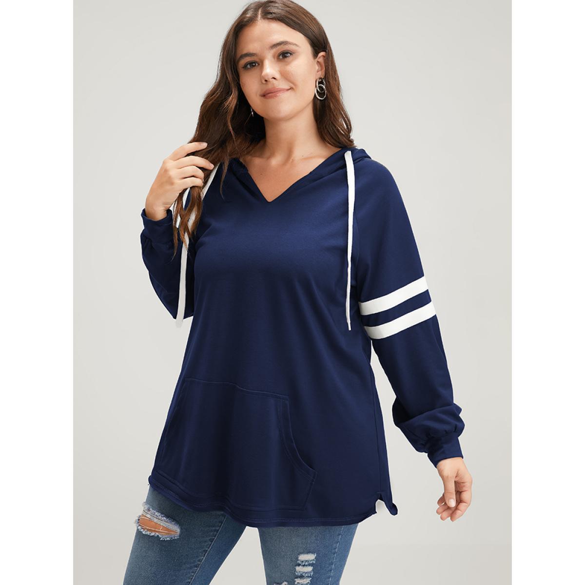 Plus Size Solid Contrast Pocket Drawstring Hooded Sweatshirt Women DarkBlue Casual Contrast Hooded Dailywear Sweatshirts BloomChic 22-24/3X Product Image