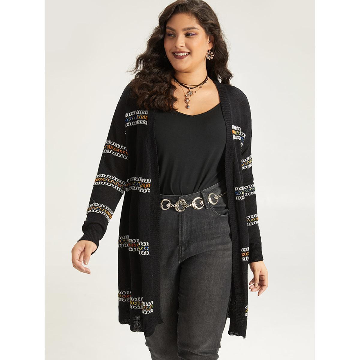 Plus Size Halloween Rainbow Contrast Drop Shoulder Cardigan Black Women Casual Loose Long Sleeve Festival-Halloween Cardigans BloomChic 18-20/2X Product Image