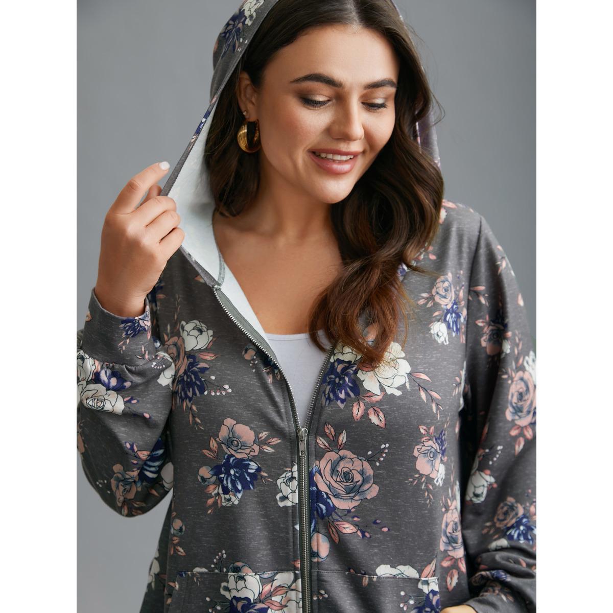 Plus Size Floral Print Zipper Front Hooded Sweatshirt Women DarkGray Casual Contrast Loose Hooded Everyday Sweatshirts BloomChic 14-16/1X Product Image