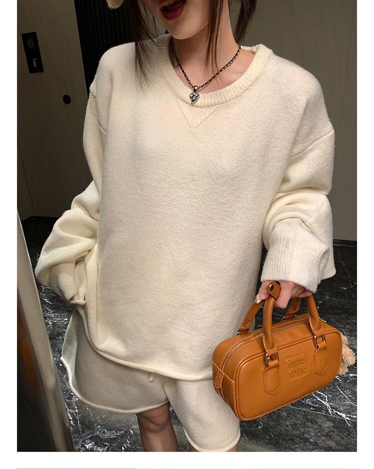 Set: Crew Neck Sweater + Drawstring Waist Shorts Product Image