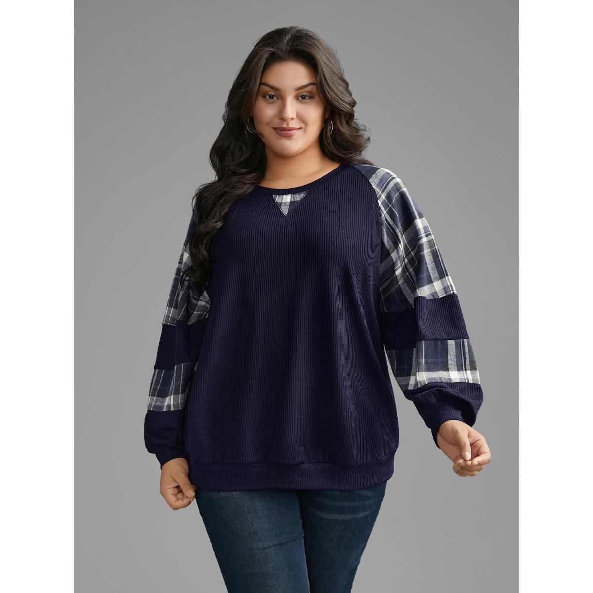 Plus Size Plaid Patchwork Raglan Sleeve Sweatshirt Women DarkBrown Casual Texture Round Neck Everyday Sweatshirts BloomChic 26/4X Product Image