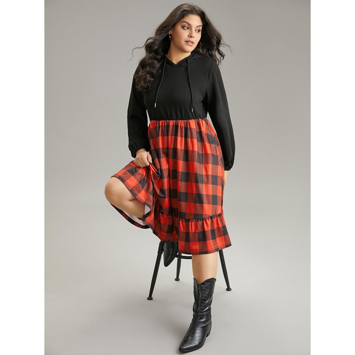 Plus Size Plaid Patchwork Ruffle Hem Hooded Lantern Sleeve Dress Black Women Casual Elastic cuffs Hooded Long Sleeve Curvy Midi Dress BloomChic 30/6X Product Image