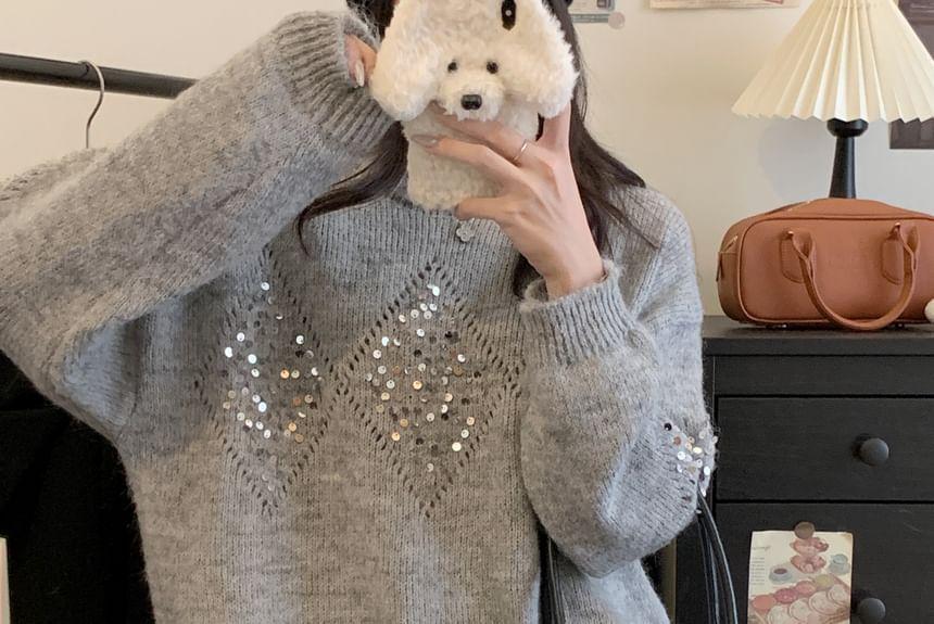 Crew Neck Sequin Perforated Sweater / High Rise Mini A-Line Skirt Product Image