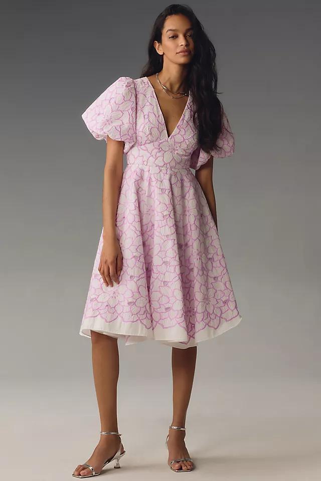 Mac Duggal Puff-Sleeve V-Neck A-Line Knee-Length Dress Product Image