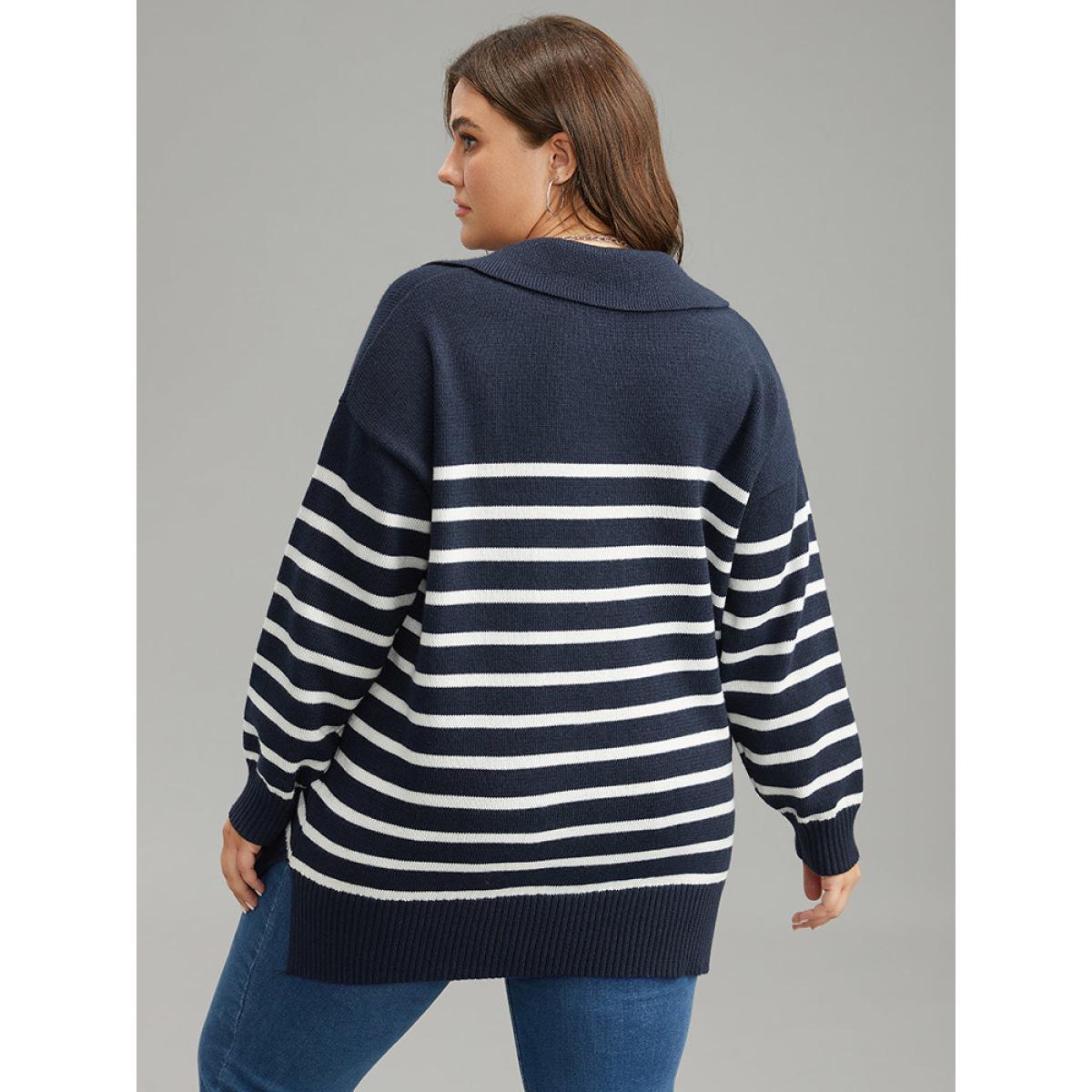 Plus Size Polo Striped Print Split Side Pullover Midnight Women Casual Loose Long Sleeve Polo Dailywear Pullovers BloomChic 12/L Product Image