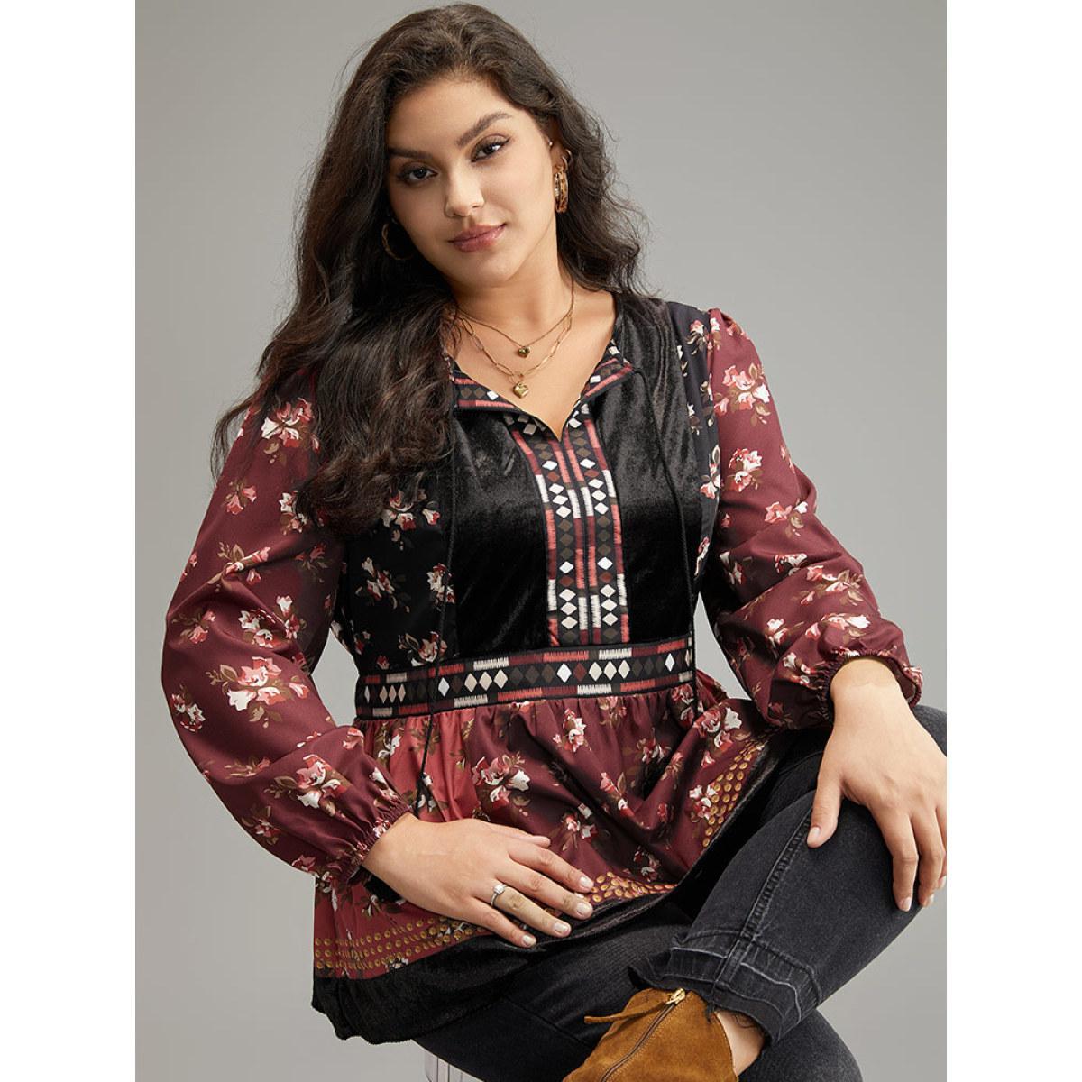 Plus Size Scarlet Velvet Floral Contrast Knot Neck Tassel Blouse Women Vacation Long Sleeve Tie Neck Dailywear Blouses BloomChic 18-20/2X Product Image