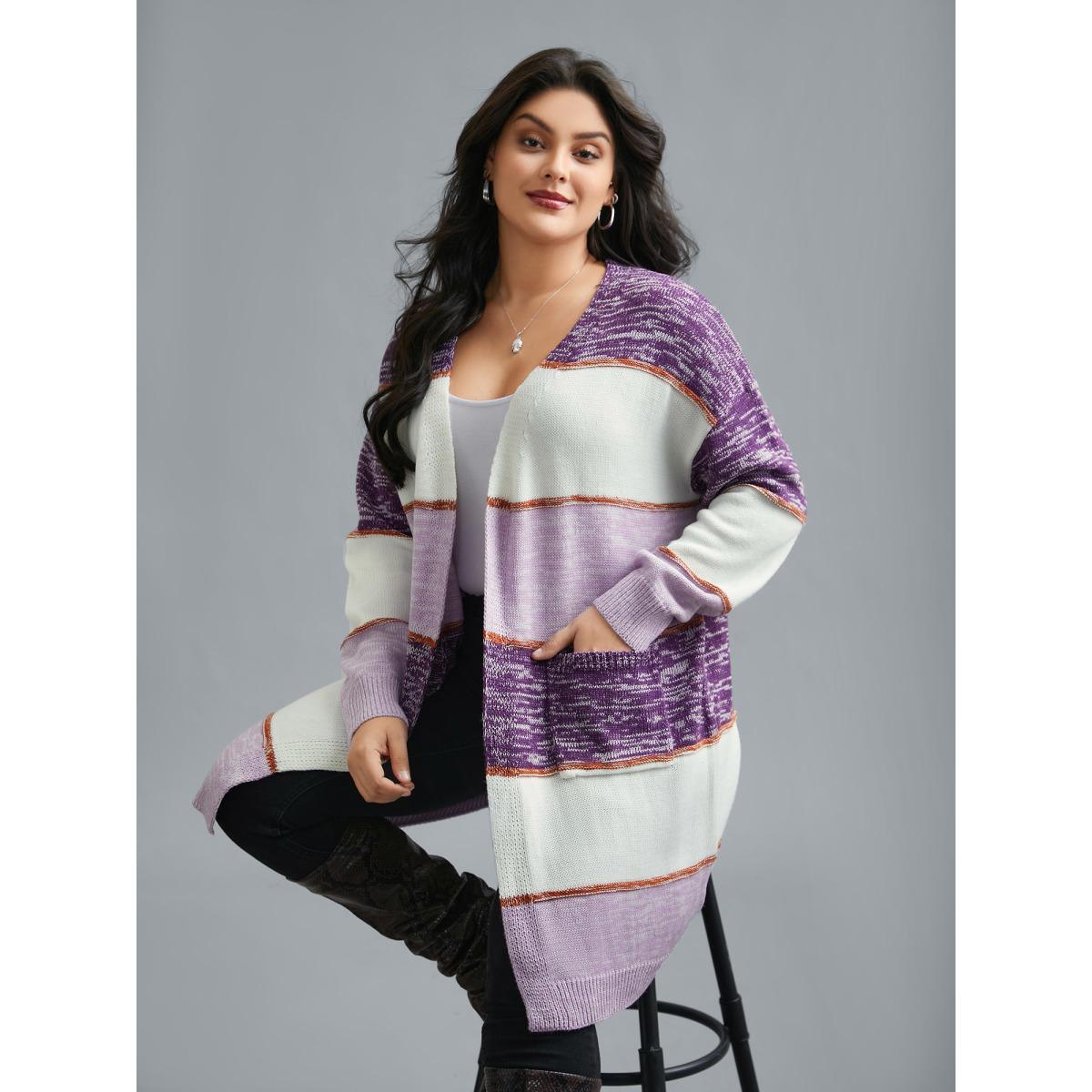 Plus Size Color Block Textured Open-Front Cardigan Deeppurple Women Casual Loose Long Sleeve Everyday Cardigans BloomChic 10/M Product Image