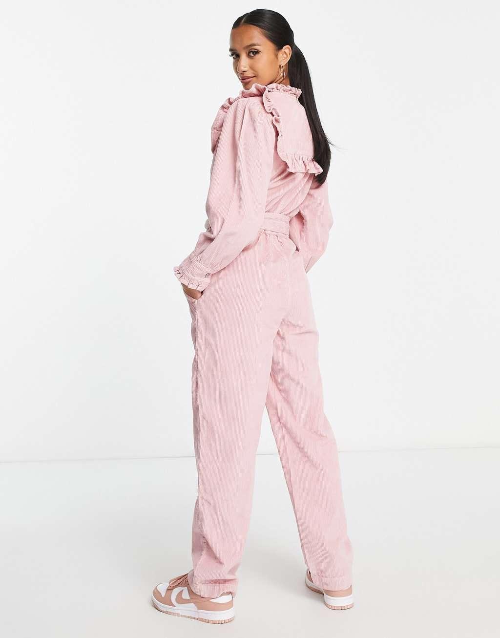 Miss Selfridge Petite corduroy bib frill belted jumpsuit Product Image