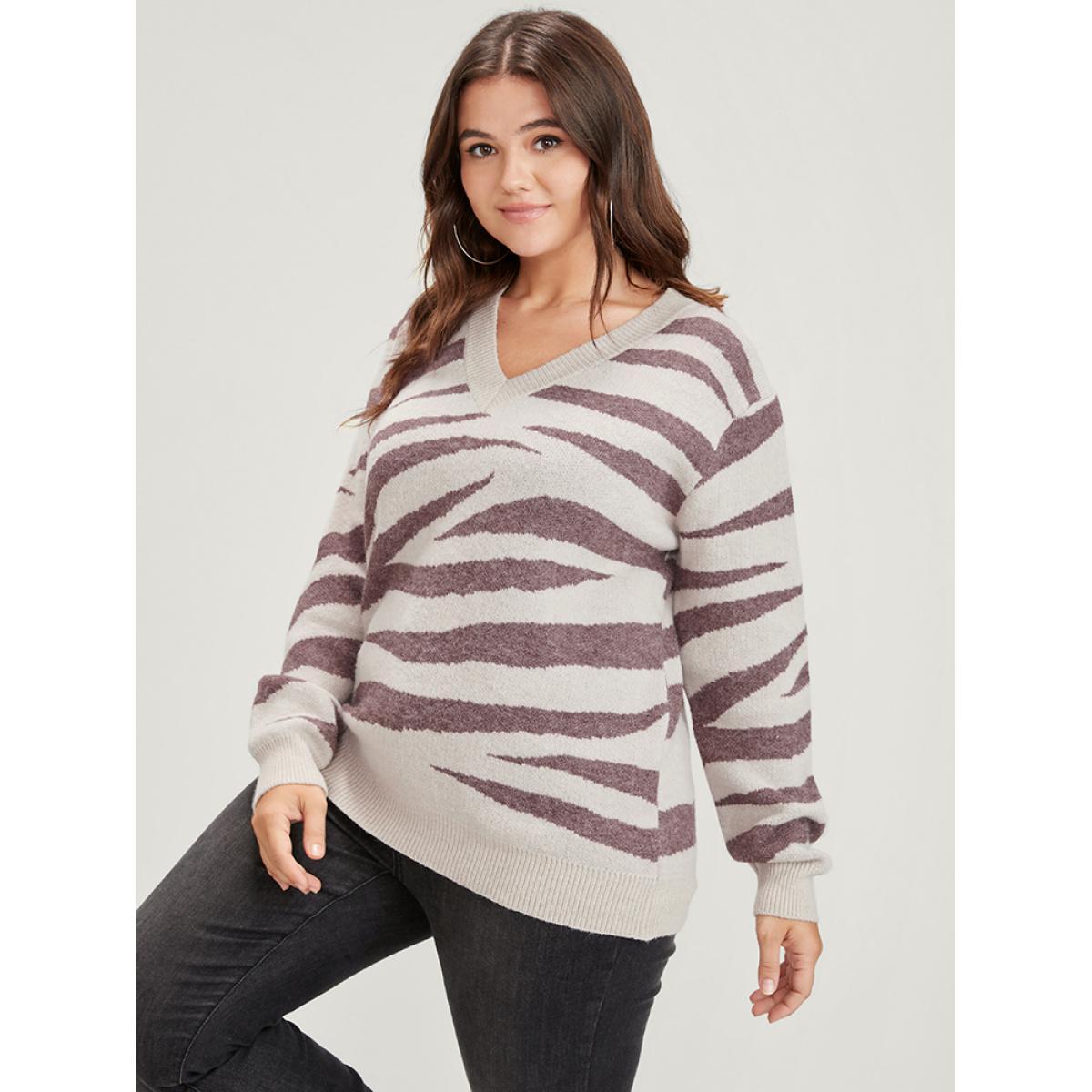 Plus Size Zebra Print Contrast Pointelle Knit V Neck Knit Top Tan Women Casual Long Sleeve V-neck Dailywear Pullovers BloomChic 10/M Product Image