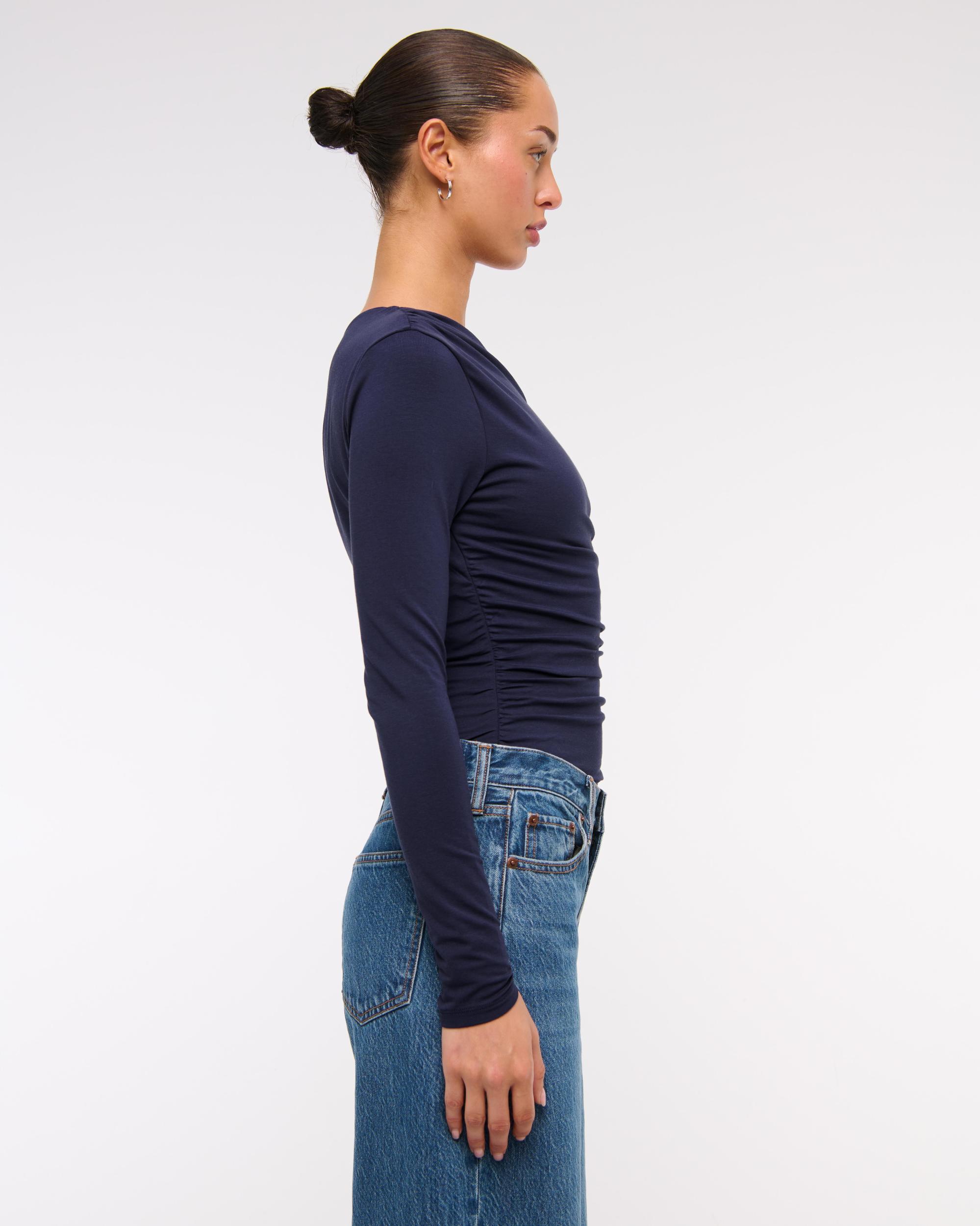 Long-Sleeve Velvet Asymmetrical Draped Top Product Image