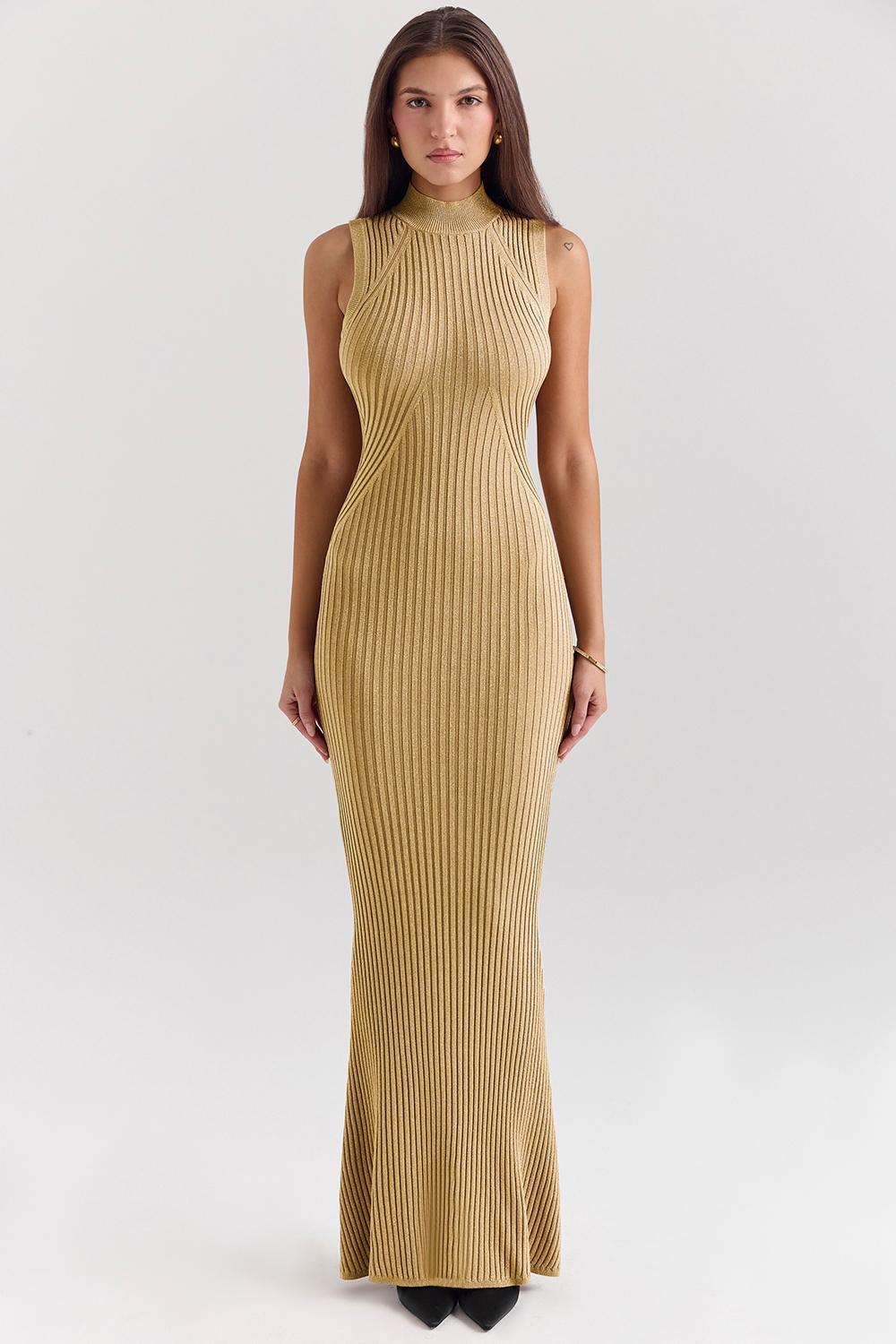 Emmie  gold metallic ribbed maxi dress Product Image