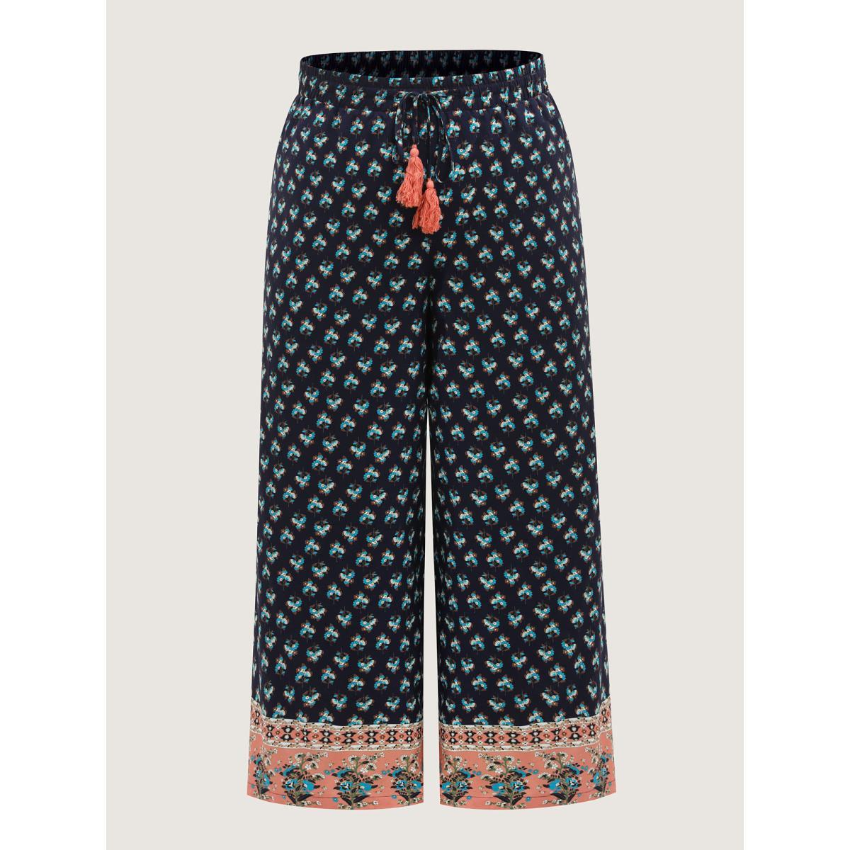 Plus Size Boho Stretchy Waist Wide-Leg Pants Women Multicolor Beach Wide Leg Mid Rise Vacation Pants BloomChic 30/6X Product Image