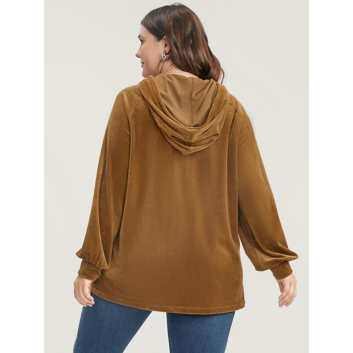 Plus Size Solid Corduroy Drawstring Hooded Sweatshirt Women DarkBrown Casual Drawstring Hooded Dailywear Sweatshirts BloomChic 18-20/2X Product Image