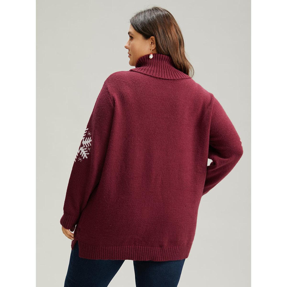 Plus Size Snowflake Turtle Neck Fuzzy Pullover Scarlet Women Casual Loose Long Sleeve Turtleneck Festival-Christmas Pullovers BloomChic 26/4X Product Image