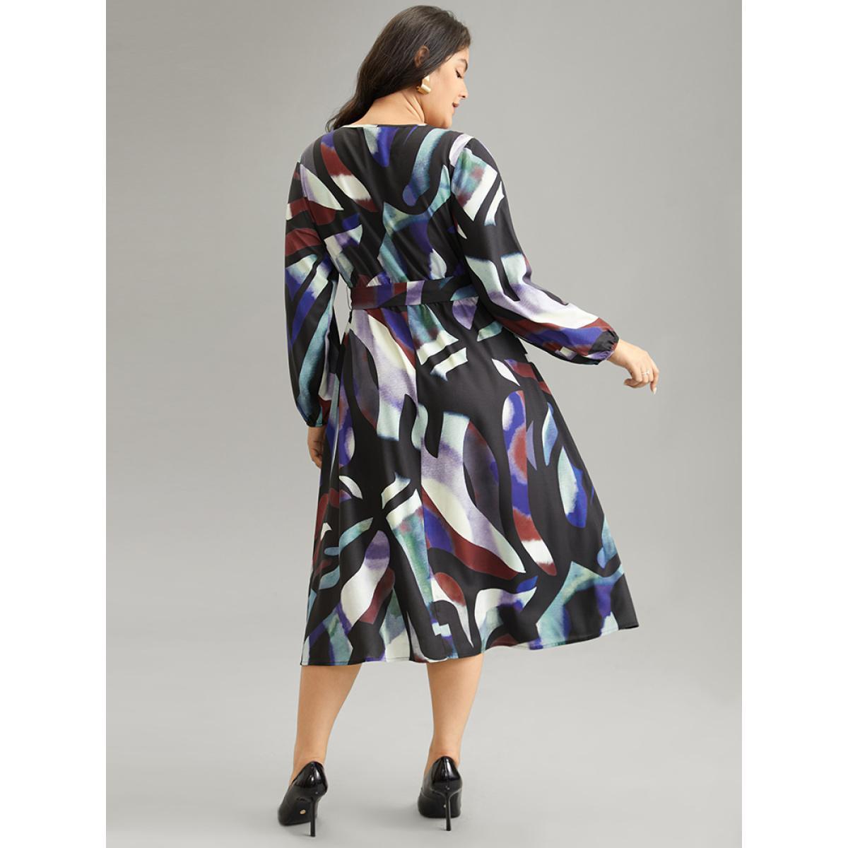 Plus Size Metal Strip Notched Belted Colorblock Contrast Dress Multicolor Women At the Office Elastic cuffs Keyhole Cut-Out Long Sleeve Curvy Midi Dress BloomChic 18-20/2X Product Image